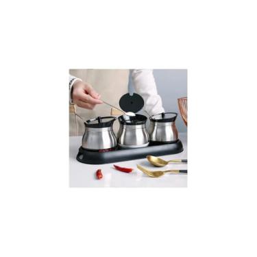 Imagem de Conjunto 3 Porta Condimentos de Vidro 250ml com Suporte, Inox e Preto, Tampa Hermética, Inclui Colheres, Metal e Vidro, 9cm Diâmetro