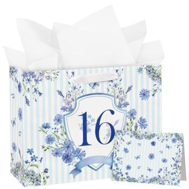 Imagem de WRAPAHOLIC Saco grande de presente de aniversário de 16 anos de 33 cm com cartão e papel de seda - Sacos de papel com emblema floral listrado azul para aniversário de 16 anos e festa de lembrança