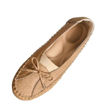 Imagem de Mocassins femininos fashion casual cor sólida salto baixo bico redondo elástico plano, material PU todas as estações, confortável, lazer, uso ao ar livre, Caqui, 39