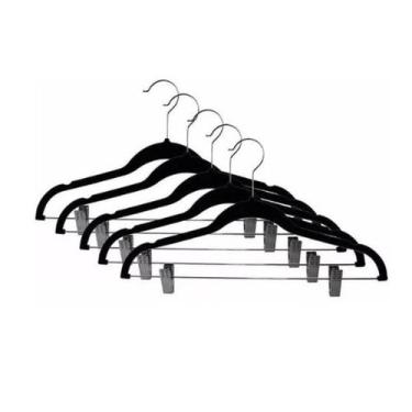 Imagem de Kit com 05 Cabides Slim Veludo Preto Gancho e Presilhas - GLOBAL MIX