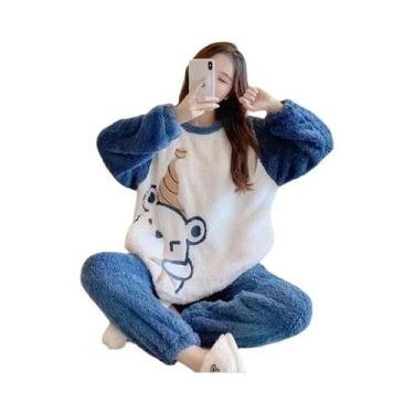 Imagem de Pijamas Femininos De Flanela Grossa E Quente Em Veludo Coral, Conjunto