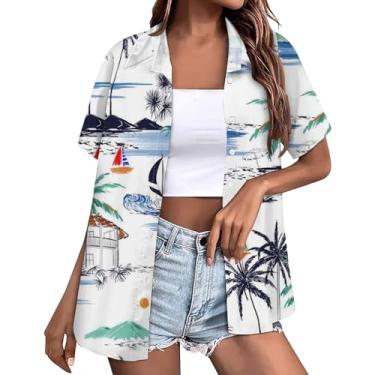 Imagem de Camisetas femininas havaianas abotoadas lapela legal verão praia blusa floral tropical coco gráfico blusa blusa manga curta, Branco, XXG