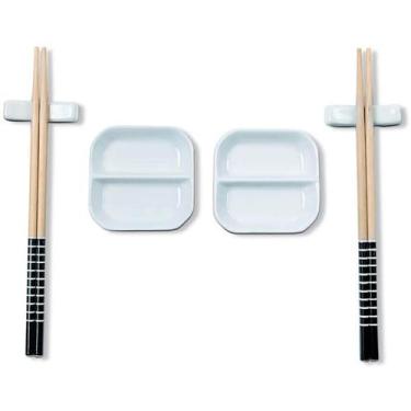 Imagem de Kit Sushi 2 Pessoas 6 Pçs Hashi Japonês Madeira Molheiras Cerâmica e A