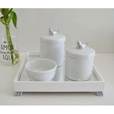 Imagem de Kit Higiene K049 Bandeja MDF Porcelanas Apliques Prata Quarto Bebê - C
