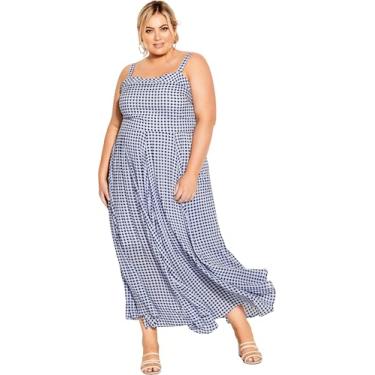 Imagem de City Chic Vestido plus size, vestido maxi xadrez de piquenique, Xadrez azul-marinho, 48