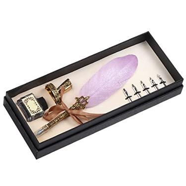 Imagem de Conjunto de Caneta Tinteiro retrô de Penas, Caneta de Imersão, Caneta de Assinatura para Presente de Negócios, Caneta de Metal Esculpida Com Conjunto de Tinta (Roxo claro)