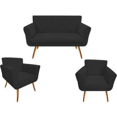 Imagem de Kit Namoradeira + 2 Poltronas Decorativa Sabrina Couro Preto Pés Madei