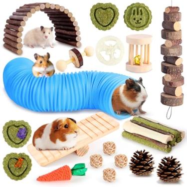 Imagem de Kyouki Conjunto de brinquedos de porquinho-da-índia para hamster com túnel, madeira de maçã mastigável e feno natural de Timothy - Brinquedos de mastigar enriquecimento para animais pequenos - Mais de
