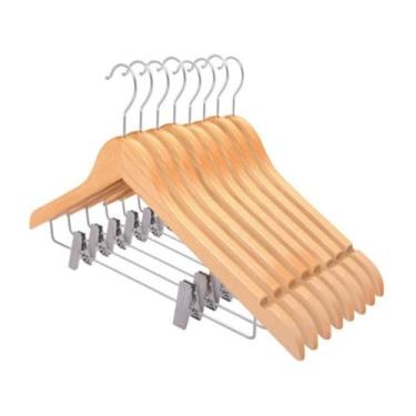 Imagem de Kit 6 Cabide De Madeira Com Presilha Adulto 45cm Marfim Envernizados Com Barra Deslizante - Ideal Para Roupas, Calça, Camisas, Terno, Saia, blazer