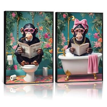 Imagem de SOMGJIK Pôster de arte de parede de banheiro de macaco engraçado, impressão de arte animal moderna pinturas humorísticas de gorila para quarto de casa, sala de estar, banheiro, decoração de hotel