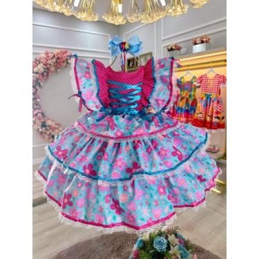 Imagem de Vestido Infantil Junino Festa Caipira Pink e Azul Florido - Bella Chil
