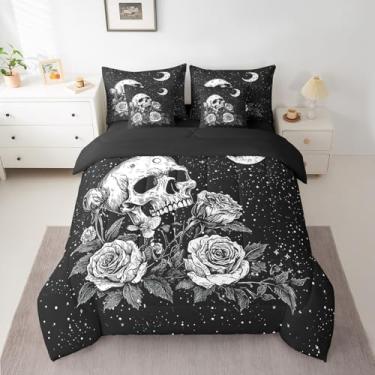 Imagem de Conjunto de edredom com estampa de caveira rosa, 7 peças, boêmio, lua e sol, tamanho Queen, ultramacio, boêmio, galáxia, preto e branco, com edredom, lençóis, fronhas e capa de almofada