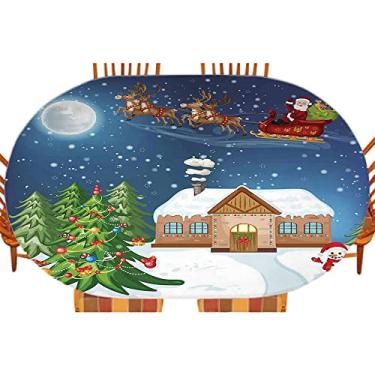 Imagem de Capa de mesa ajustada para Natal, cenário clássico de Natal, Papai Noel, apresenta Rudolf, a rena do nariz vermelho, toalha de mesa impermeável interna/externa, pátio e cozinha, serve para mesa de 122