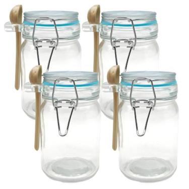 Imagem de Kit 4 Pote Hermético De Vidro Com Trava e Colher de Bambu Redondo 280m