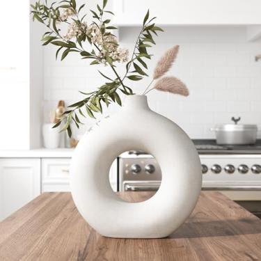 Imagem de GarDream Vaso de cerâmica branco creme para decoração de casa, vaso exclusivo de donut, grama dos pampas, flores secas, vasos de flores boho minimalistas de 19 cm decorativos para mesa, prateleira