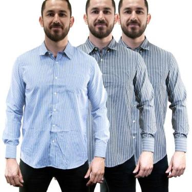 Imagem de Kit 3 Camisas Social Masculina Listrada Manga Longa Camisaria Colombo,