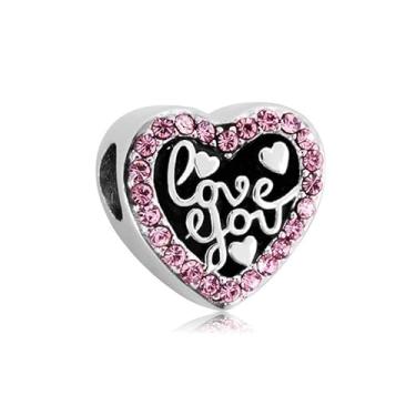 Imagem de BlingNuts Pingente de coração Love You serve para pulseiras Pandora Charms para mulheres, aniversário da família, dia dos namorados, outubro, pedras de nascimento de zircônia cúbica rosa
