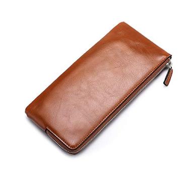 Imagem de Weyoo Carteiras de couro minimalistas para homens, carteira longa dobrável com zíper, bolsa de viagem para talão de cheques, smartphone, dinheiro, Marrom, Medium, Minimalista