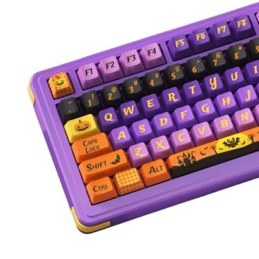 Imagem de TIMSEKER Teclado PBT roxo com tema de Halloween, tampa de chave fofa com perfil cereja para teclado mecânico de jogos, sublimação de tinta, 130 teclas