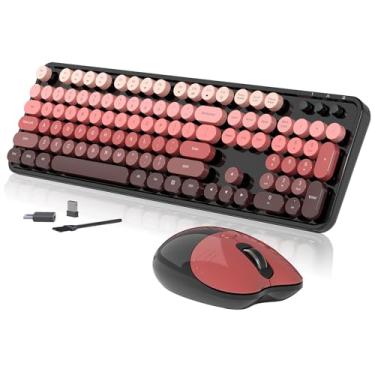 Imagem de Teclado e mouse sem fio, 104 teclas redondas, máquina de escrever retrô com OTG e pincel, ergonômico de tamanho completo, ideal para Windows PC, casa, escritório e faculdade, preto e rosa