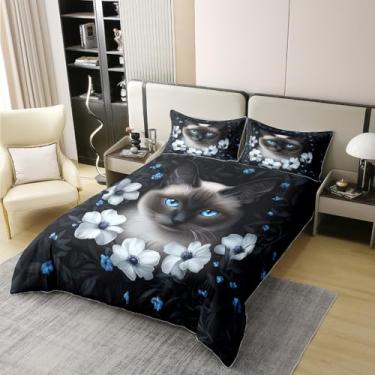 Imagem de jejeloiu Jogo de cama de gato siamês para crianças, meninos, meninas, gatinho, capa de edredom tamanho king, animal de estimação, 100% algodão, decoração de quarto, coleção de cama, 3 peças