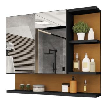 Imagem de Armario Banheiro, Armário Espelheira com Porta, Espelho com 3mm de Espessura(Preto/Nature)