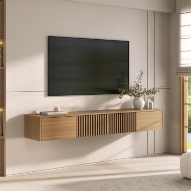 Imagem de Rack Suspenso para Tv até 75 Polegadas Portas Ripadas 180cm Aruá Cabecasa Madeiraoriginals Jatoba