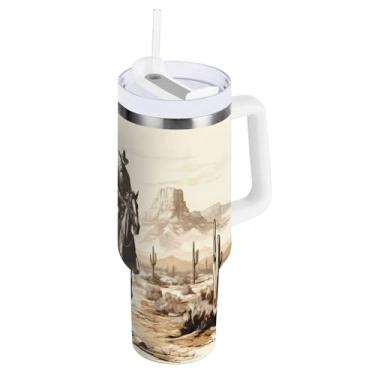 Imagem de xigua Copo vintage Western Cowboy de 850 g com tampa e canudo, aço inoxidável de vácuo duplo isolado garrafa de água esportiva suporte para copo de café de viagem à prova de vazamento para bebida