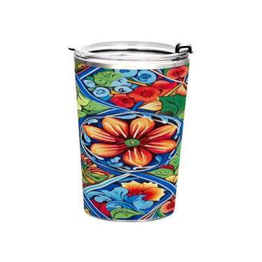 Imagem de Blueangle Copo de 340 g com tampa e canudo, copo de café com água isolada a vácuo de aço inoxidável, caneca térmica de cerâmica mexicana para bebidas quentes e frias (102)
