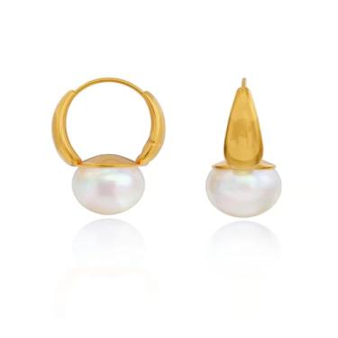 Imagem de Brincos de argola de pérola para mulheres – Banhado a ouro 14 K, hipoalergênico, prata 925, argolas delicadas, minimalistas, joias modernas, presentes para todos os dias, festas de aniversário