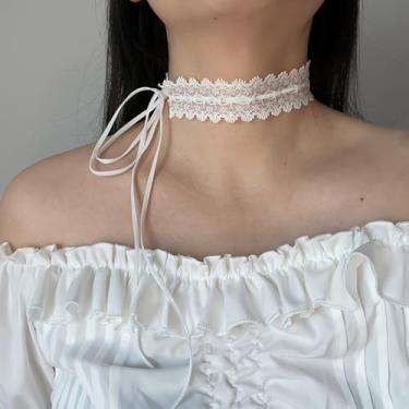 Imagem de Colar gargantilha de renda branca para mulheres, colar de gravata borboleta em camadas, corrente de clavícula em camadas ajustáveis, acessórios românticos fofos, festas e uso diário, one size, Renda