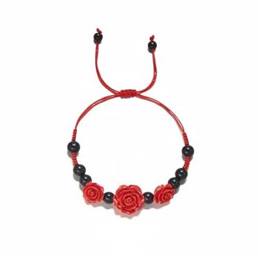 Imagem de INENIMARTJ Pulseira de rosa vermelha para mulheres e homens, feita à mão, trançada, vermelha, preta, pulseira rosa, ajustável, para dia dos namorados, joias, pulseiras combinando para casais, Medium
