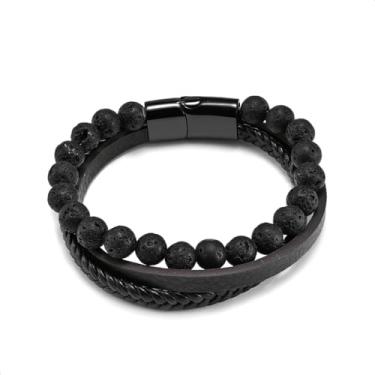 Imagem de Qing Birdee Pulseira masculina de couro com várias camadas de pedra natural, pulseira de couro trançado, pulseira de pedra natural de aço inoxidável, 21 cm, One Size, Aço inoxidável, Sem Pedra