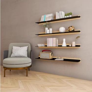 Imagem de Prateleiras de parede flutuantes, prateleiras de parede flutuantes com placa de luz quente LED Rack de exibição de parede luminoso divisórias decorativas montadas na parede (ouro, 80 x 20 x 6 cm)