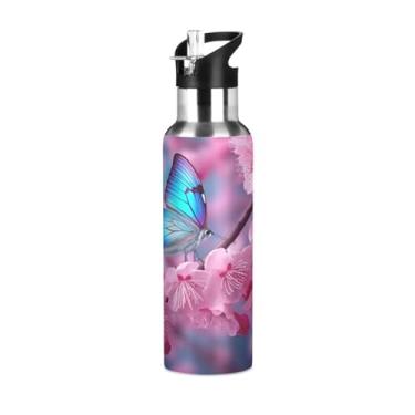 Imagem de Burbuja Garrafa de água de aço inoxidável com flor de borboleta, garrafas de água isoladas a vácuo com tampa de canudo para esportes, academia, escola - à prova de vazamento e suor, sem BPA, 590 ml