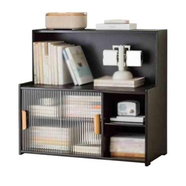 Imagem de Estante de livros preta de bambu, com suporte de armazenamento de porta deslizante de plástico, para estudo em casa, escritório, prateleira organizadora multiuso, prateleira independente para livros