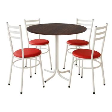Imagem de Mesa de Jantar Redonda 80cm Imbuia Com 4 Cadeiras Estofada Branca - La