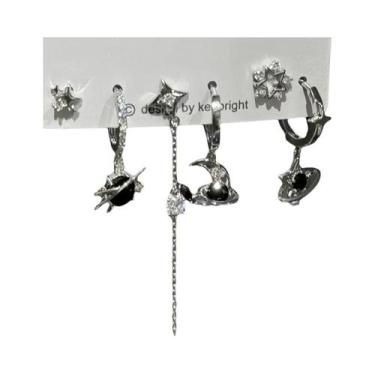 Imagem de Conjunto De Brincos Com Pingente De Coração, Lua, Cruz E Estrela Em Cr