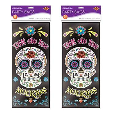 Imagem de Beistle Sacos de petiscos Dia dos Mortos de 50 quilates com laços torcidos incluídos em plástico de celofane de Los Muertos e artigos de festa de Halloween para padaria, biscoitos e doces, 23 x 10 x 5 cm, multicoloridos