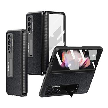 Imagem de Capa para Samsung Z Fold 3 5G com protetor de tela de vidro integrado, suporte, proteção de dobradiça, capa rígida estável resistente de grau millitar para Samsung Galaxy Z Fold 3 capa de telefone à prova de choque (preto)