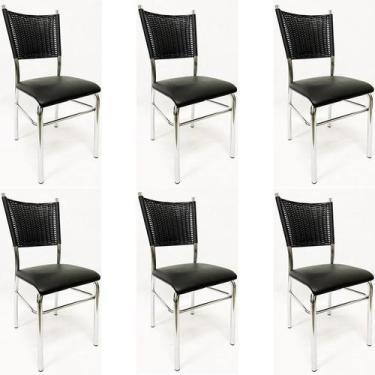 Imagem de Kit 6 Cadeiras De Cozinha Com Reforço Cromada Assento Preto Fibra Sint
