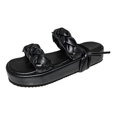Imagem de Sandálias para mulheres tamanho feminino moda verão cor sólida couro tecido tira tornozelo sandálias de sola grossa (preto, 8)