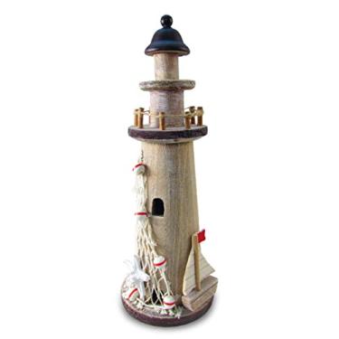 Imagem de Modelo de farol marrom de madeira grande enigmático – Decorações de lancha e estrela de 30 cm feitas à mão torre de mesa interior ou exterior peça central de festa sala de estar – tema de praia náutica costeira decoração de casa