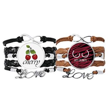 Imagem de Just Coconuts Pulseira vermelha rosa desenho divertido pulseira de mão corda de couro cereja conjunto duplo
