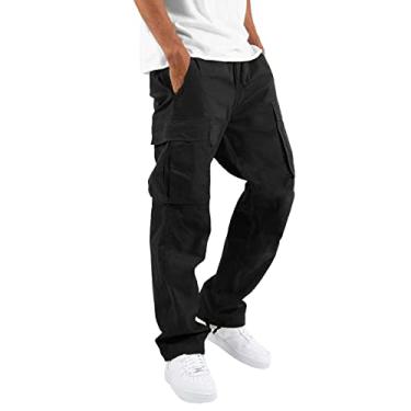 Imagem de Calça cargo masculina casual jogger calça solta reta folgada moda leve bolso oblíquo calças ao ar livre, Preto, GG