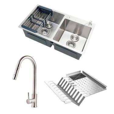 Imagem de Kit Cuba para Cozinha com Escorredor Awá e Torneira Misturador Monocomando em Aço Inox Iriri - Prata