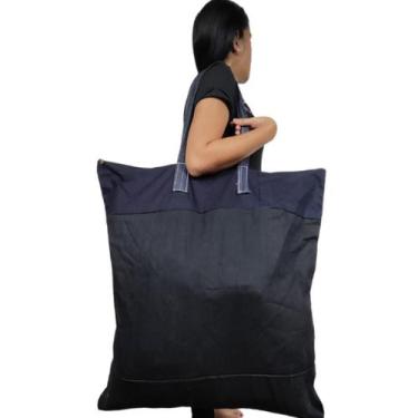 Imagem de Sacola Sacolão Bolsa Em Jeans Grande Sacoleiro mudança viagem Reforçad