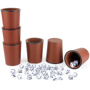 Imagem de RERIVER Felt-Lined PU Leather Dice Cup Set, 6 Quiet Dice Shaker Cups with 36 Dices for Bar Party Yahtzee Farkle Dice Games, Dark Brown