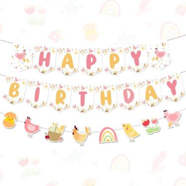 Imagem de Faixa de festa de aniversário com tema de frango, guirlanda de galinha, faixa de feliz aniversário, decorações de aniversário de pintinho, decorações de festa de aniversário para meninos e meninas,