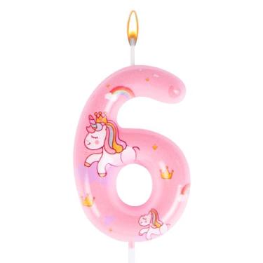 Imagem de Unicórnio rosa 6 velas, número 6, velas de aniversário, topo de bolo numeral, decorações de aniversário fofas para meninas, artigos de festa, aniversário, lembrancinhas temáticas